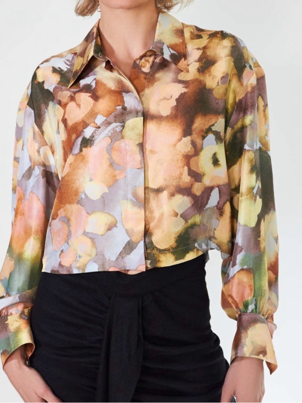 Nanushka Silk Floral Button Front Cropped Long Sleeve Top Women’s Size S